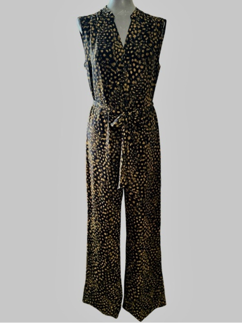 Michael Kors Black Jumpsuit with Beige Dot Print and Tie Waist